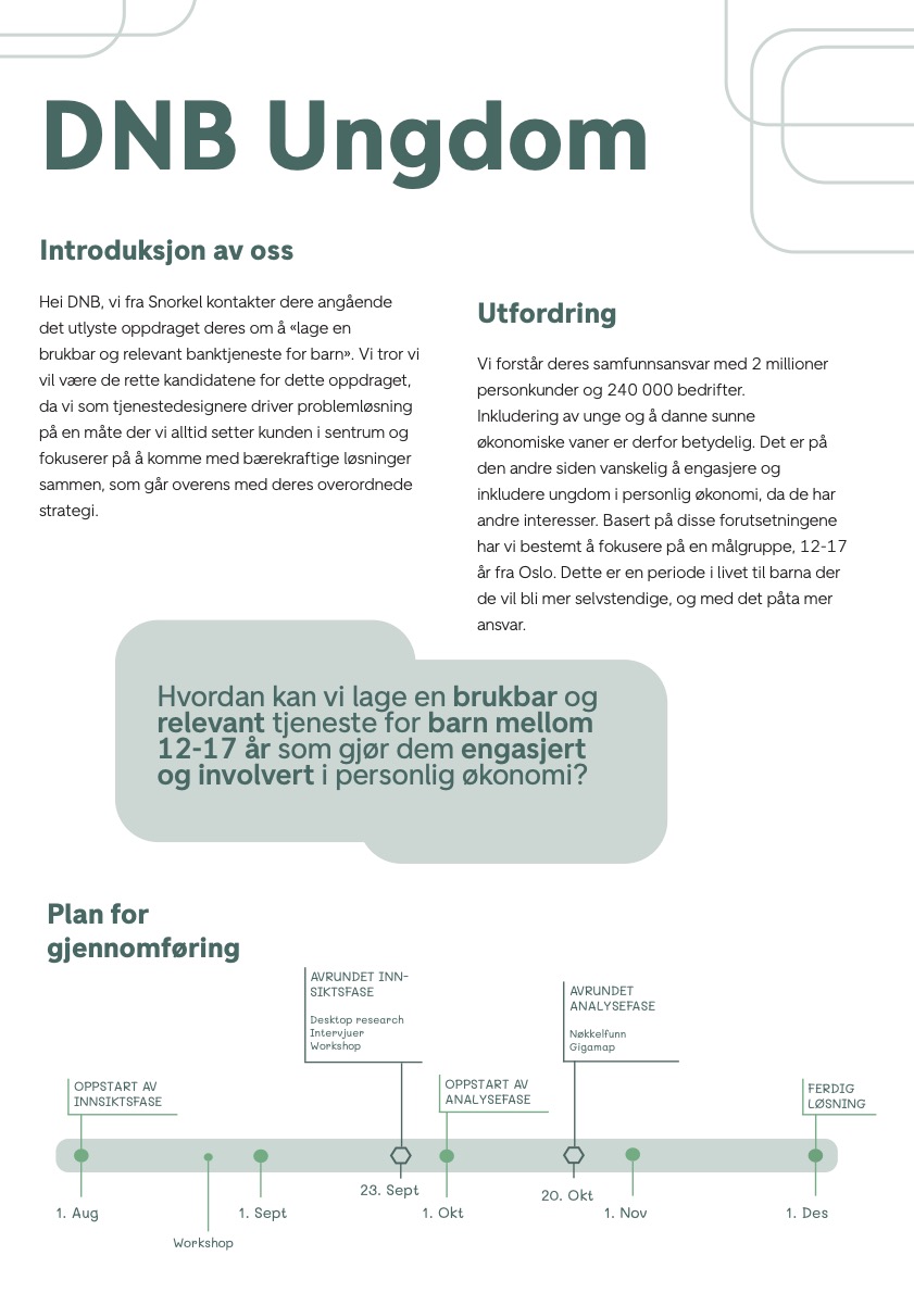 Innledende brief, side 1: DNB Ungdom, utfordring, problemstilling og første gjennomføringsplan