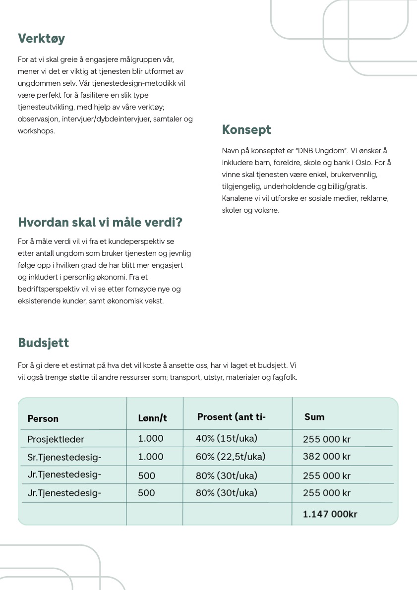 Innledende brief, side 2: verktøy, konseptretning, måling av verdi og budsjett