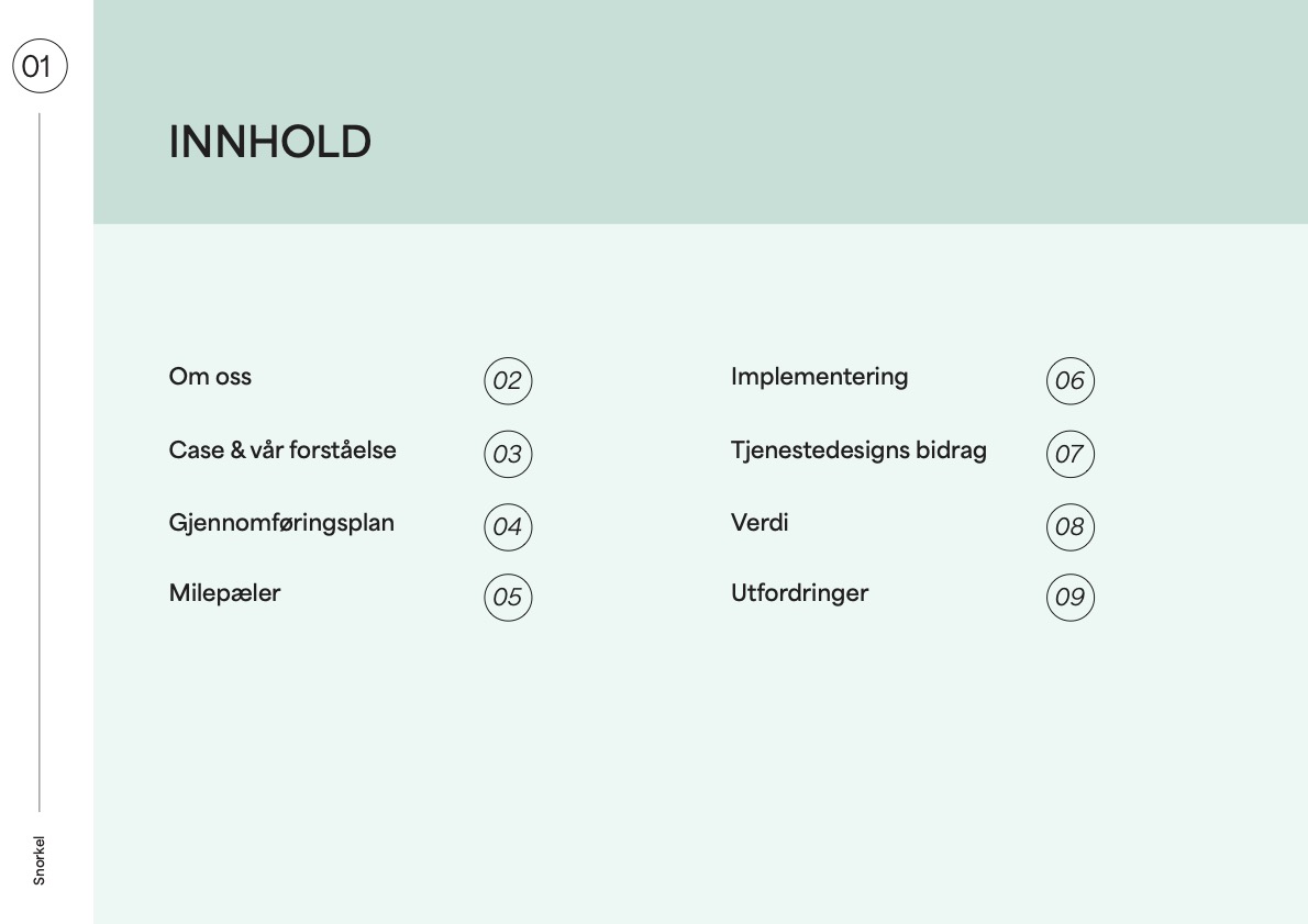 Innholdsoversikt med case, gjennomføringsplan, milepæler, implementering, metoder, verdi og utfordringer